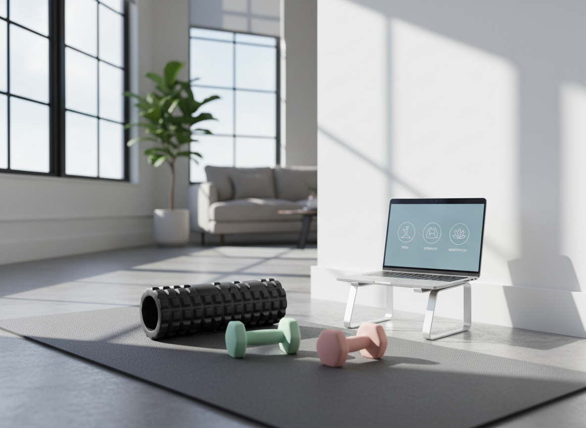 A small, dedicated yoga and fitness space occupies one corner of a modern loft, featuring a graphite-gray mat, a foam roller, and a pair of neatly aligned light dumbbells made of matte, pastel-colored rubber. Against the wall, a slim laptop on a sleek white stand shows a paused online class schedule with icons for yoga, strength, and meditation, all designed in clean, minimalist graphics. Natural daylight pours in diagonally from tall industrial windows, creating dynamic lines of light and shadow on the floor. The image is captured in sharp photographic realism from a slightly low angle, emphasizing the equipment in the foreground while the background subtly blurs, conveying disciplined energy and a professional yet approachable tone.